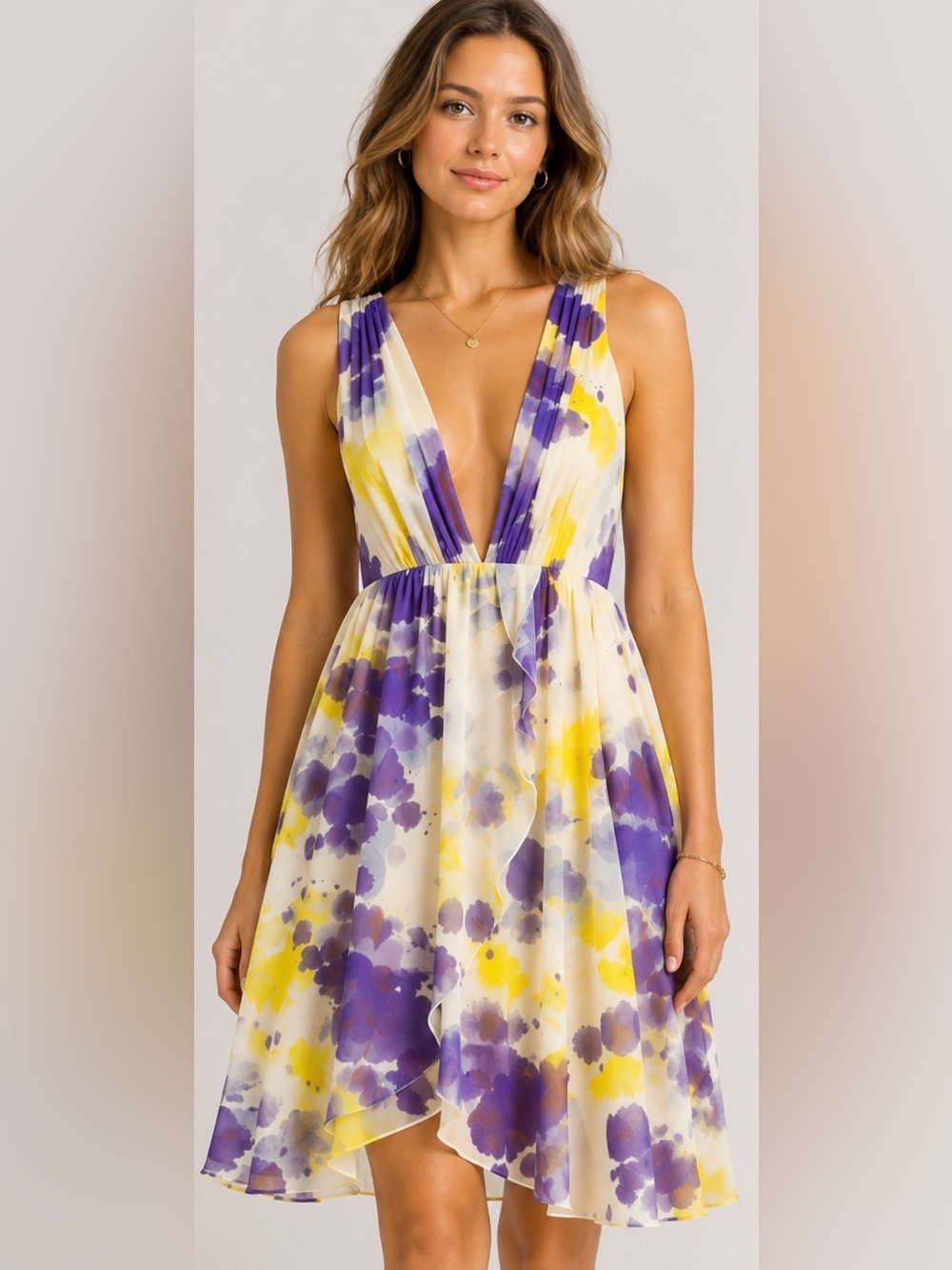 Alice + Olivia Watercolor Silk Ruffle Wrap Dress Purple Yellow Size S